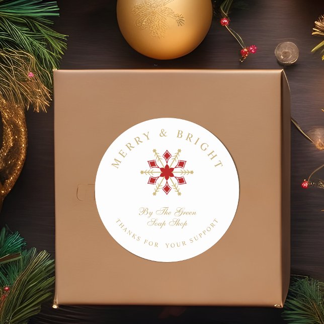 Sticker Rond Exquisite Christmas Red & Gold Snowflake Thanks  (Exquisite Christmas Red & Fake Gold Snowflake Thanks for Business Classic Round Stickers. )