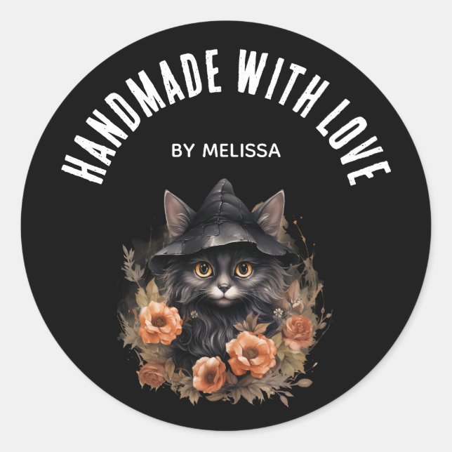 Sticker Rond Fabriqué à la main avec amour Cute Chat noir dans  (Devant)