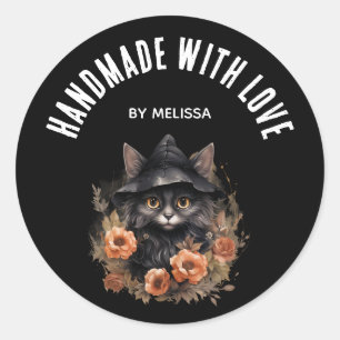 Sticker Rond Fabriqué à la main avec amour Cute Chat noir dans 