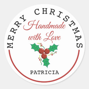 Sticker Rond Fabriqué à la main avec amour Holly Joyeux Noël
