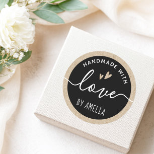 Sticker Rond Fabriqué à la main avec amour noir et papier Kraft