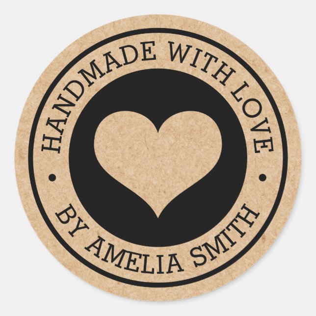 Sticker Rond Fabriqué à la main avec amour noir et papier Kraft (Devant)