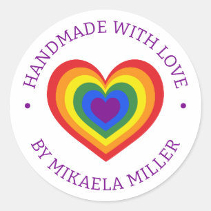 Sticker Rond Fabriqué à la main avec amour Rainbow Heart Nom pe