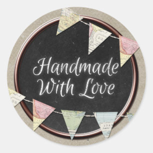 Sticker Rond Fabriqué à la main avec amour Tableau noir rustiqu