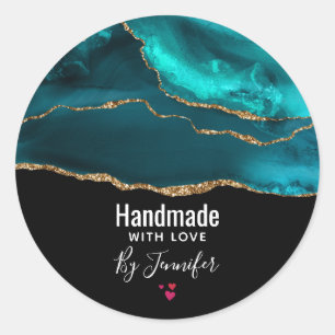 Sticker Rond Fabriqué à la main avec amour Turquoise moderne Ag