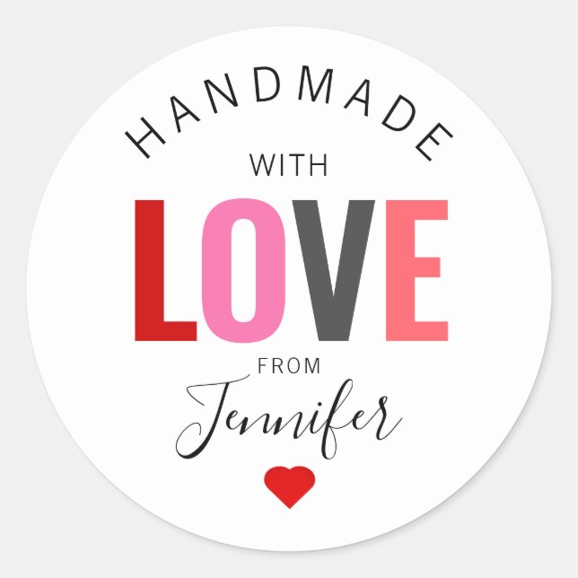 Sticker Rond Fabriqué à la main avec amour Valentines Jour Roug (Devant)