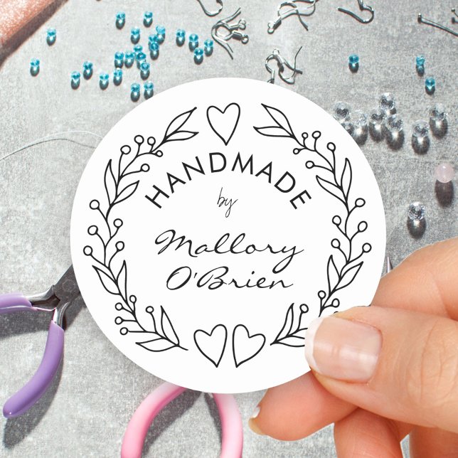 Sticker Rond Fabriqué à la main par Doodle Drake Botanical Wrea (Handmade signature stickers with line drawn wreath)