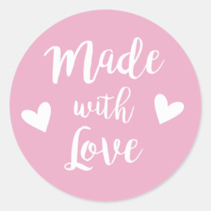 Sticker Rond Fabriqué avec amour bébé rose coeur blanc do-it-yo