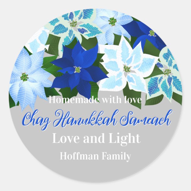Sticker Rond Fabriqué avec amour - Blue Poinsettias Hanukkah (Devant)