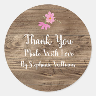 Sticker Rond Fabriqué avec amour Bois de grange et floral ros