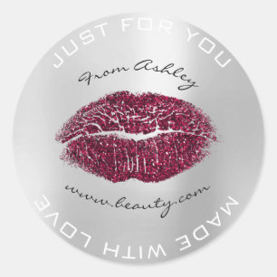 Sticker Rond Fabriqué Avec Amour Burgund Metal Grey Lips Kiss