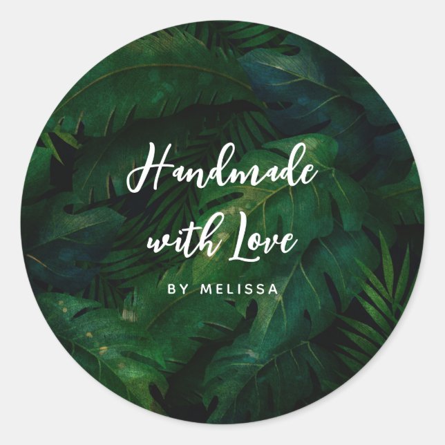 Sticker Rond Fabriqué avec Amour Feuilles Tropicales Vert Foncé (Devant)