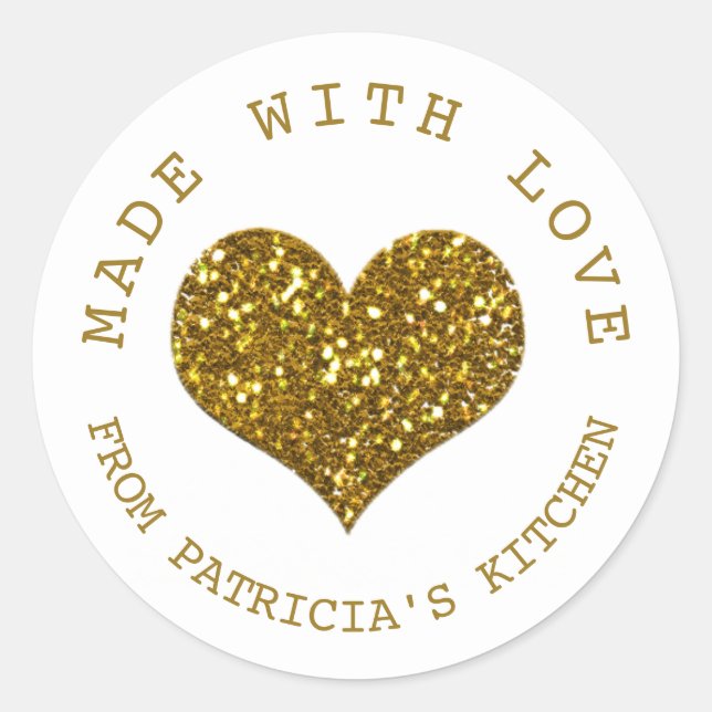 Sticker Rond Fabriqué Avec Amour Gold Parties scintillant Coeur (Devant)