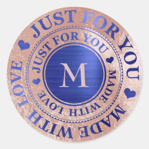 Sticker Rond Fabriqué Avec Amour Monogramme Rose Or Cobalt Bleu