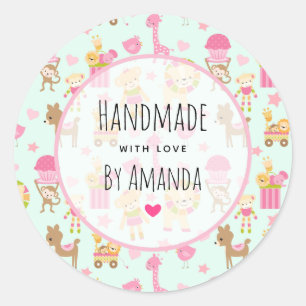 Sticker Rond Fabriqué avec amour Motif mignon avec des animaux 