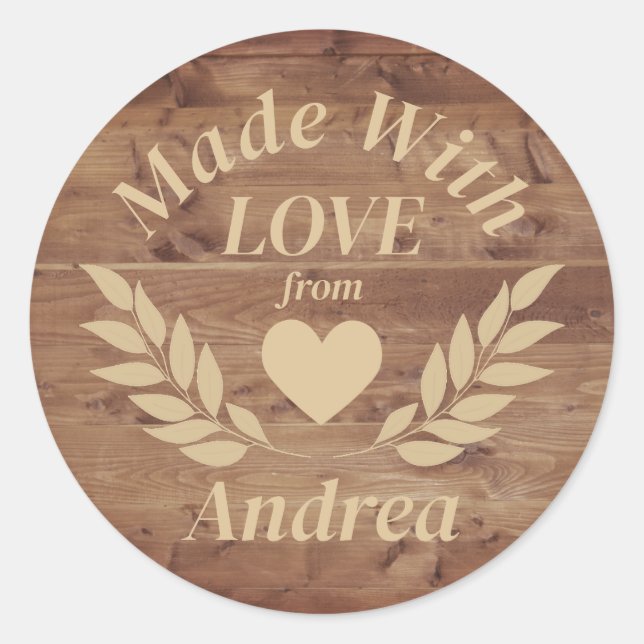 Sticker Rond Fabriqué avec amour Nom personnalisé (Devant)