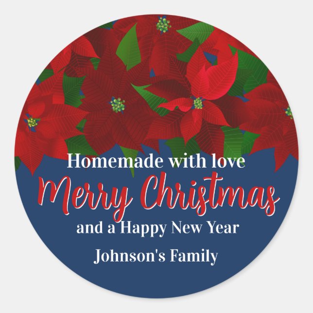 Sticker Rond Fabriqué avec amour - Poinsettias rouge Noël (Devant)