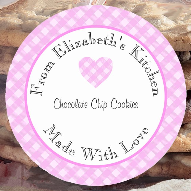 Sticker Rond Fabriqué Avec Amour Rose En vichy Accueil Cadeau C (Créateur téléchargé)