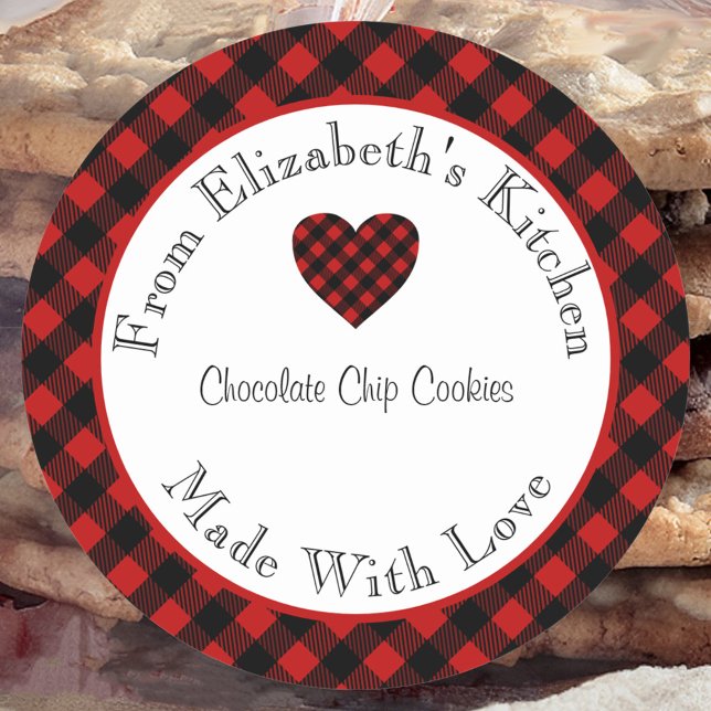 Sticker Rond Fabriqué Avec Amour Rouge Buffalo Plaid (Créateur téléchargé)