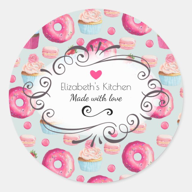Sticker Rond Fabriqué avec des beignets d'amour et des macarons (Devant)