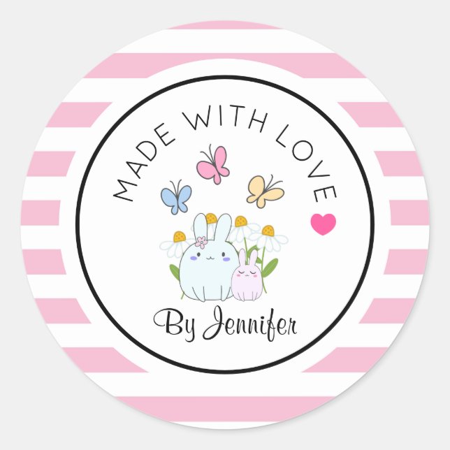 Sticker Rond Fabriqué avec des lapins d'amour Fleurs et papillo (Devant)