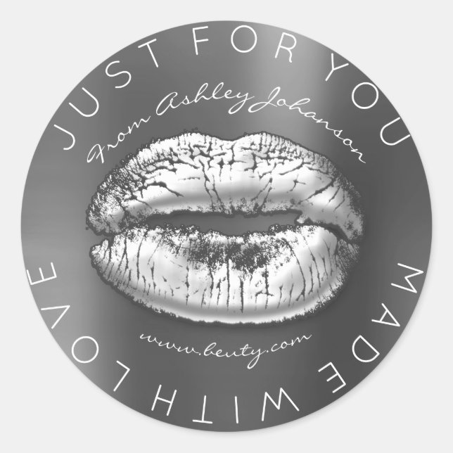 Sticker Rond Fabriqué Avec L'Amour Lèvres De Maquillage Gris En (Devant)