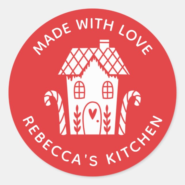 Sticker Rond Fabriqué avec l'amour rouge Noël classique bâton r (Devant)