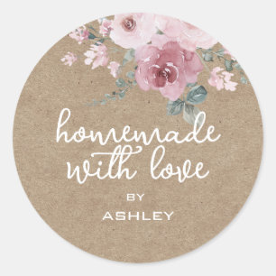 Sticker Rond Fabriqué maison avec amour Floral Rose Kraft cadea