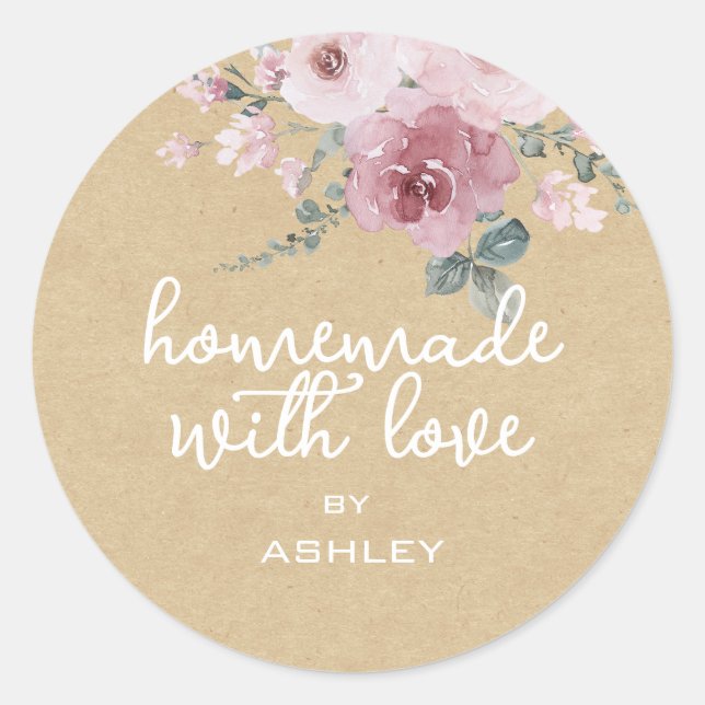 Sticker Rond Fabriqué maison avec amour Floral Rose Kraft cadea (Devant)