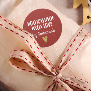 Sticker Rond Fabriqué Maison Avec Amour Rouge Rustique Noël