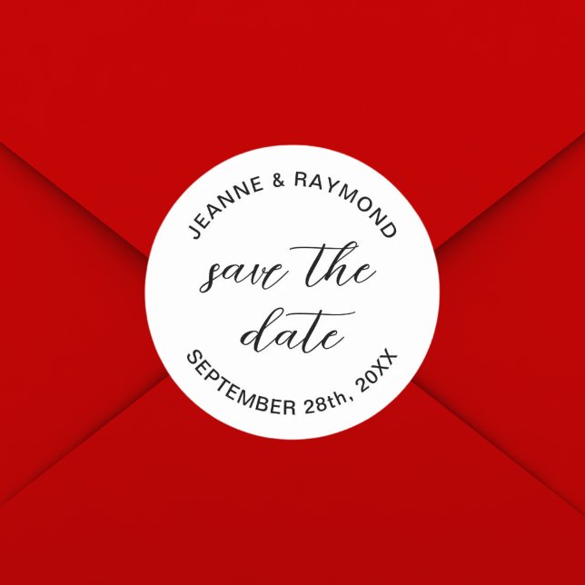 Sticker Rond Faire annonce de mariage simple et épurée Sauvegar (Simple clean save the date sticker adds elegant clarity to wedding announcements.)