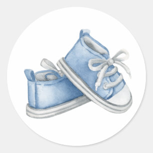 Sticker Rond Faire-part Baby Shower Chaussons Bébé Aquarelle Bl