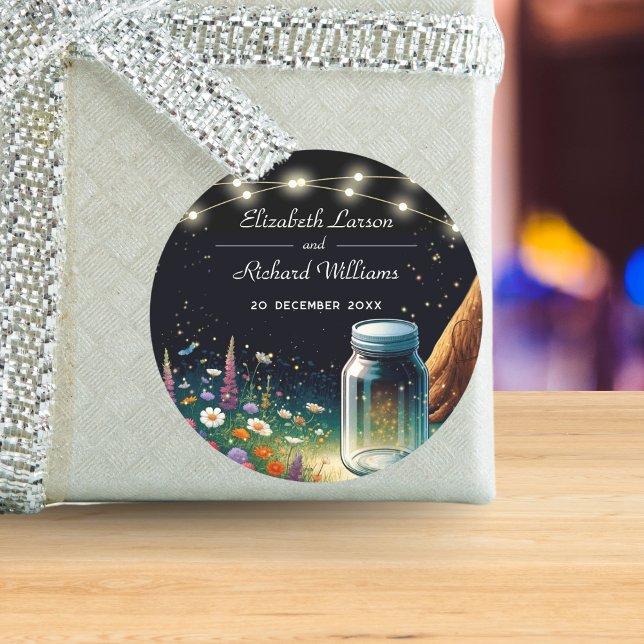 Sticker Rond Faire-part de mariage rustique avec luciole élégan (Créateur téléchargé)