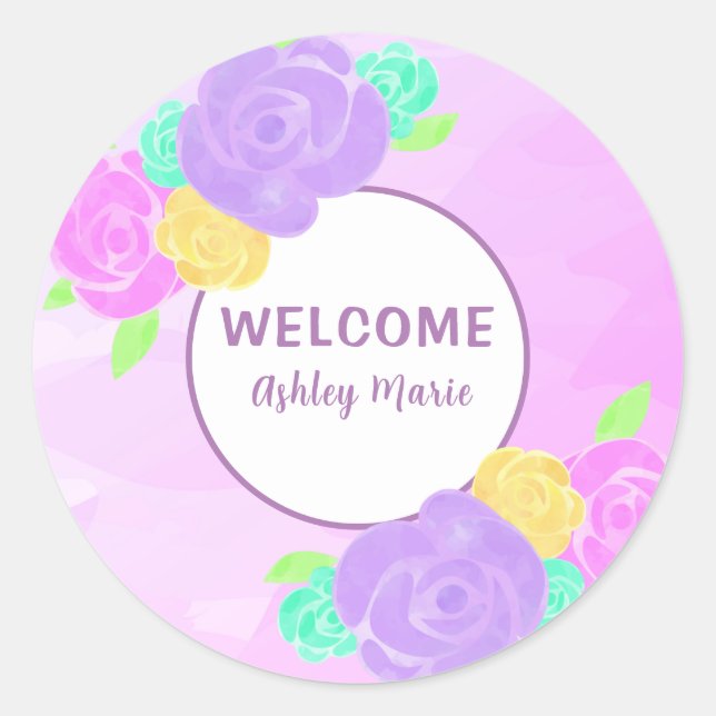 Sticker Rond Faire-part de naissance floral aquarelle violet pe (Devant)