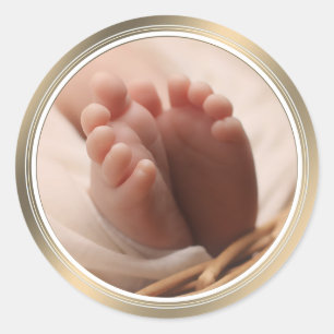 Sticker Rond Faire-part de naissance Nouveau bébé pieds minuscu