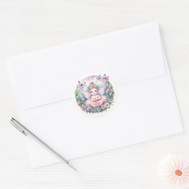 Sticker Rond Fairy Baby & Butterfly Flutter Love Baby Shower (Enveloppe)