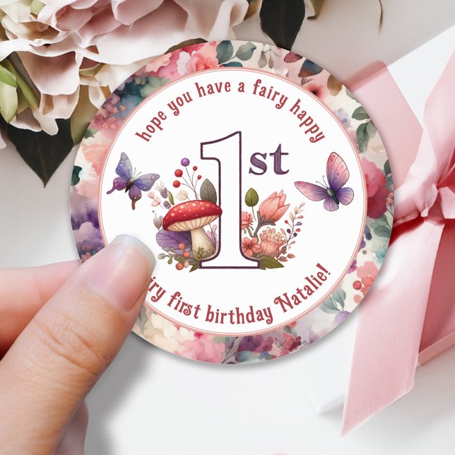 Sticker Rond Fairy First Birthday Enchanted Butterfly Garden (Fairycore Fairy First Birthday Stickers with Mushroom and Butterflies.)