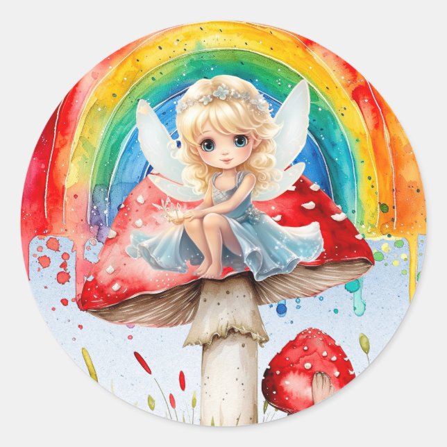 Sticker Rond Fairy Mushroom Paint Rainbow Girl Anniversaire (Devant)