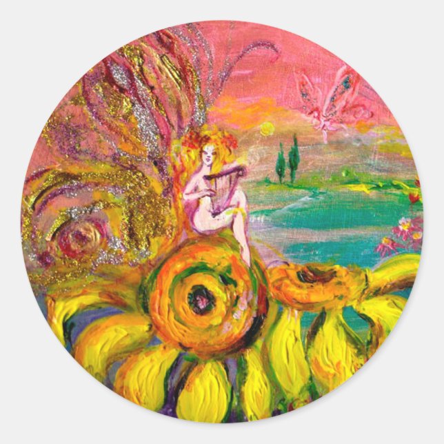 Sticker Rond FAIRY OF THE SUNFLOWERS jaune rose noir (Devant)