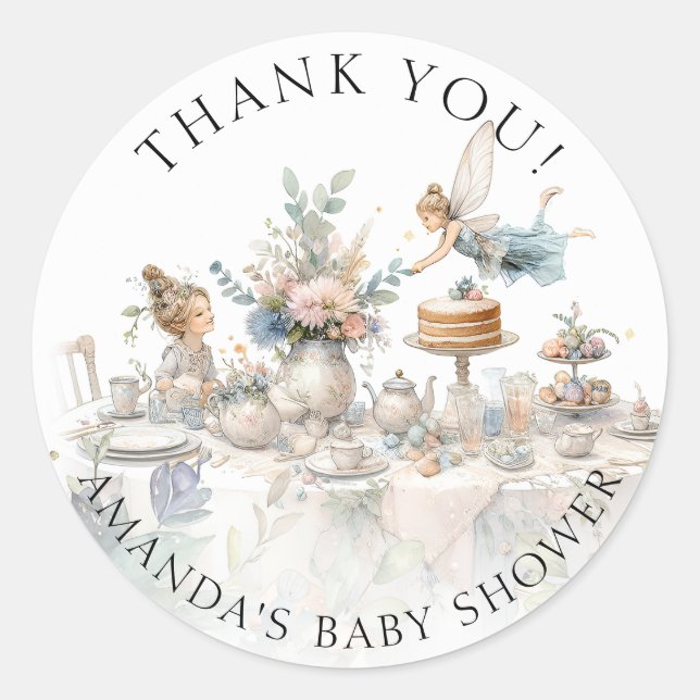 Sticker Rond Fairy Tea Party Floral Merci bébé fille douche (Devant)