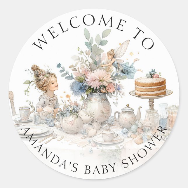 Sticker Rond Fairy Tea Party Floral Welcome Baby Girl Douche (Devant)