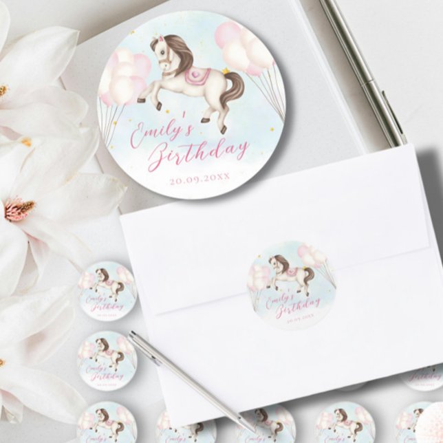 Sticker Rond Fairytale bébé Pony rose ballons étoile Anniversai (Créateur téléchargé)