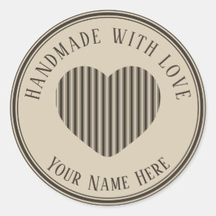 Sticker Rond fait à la main avec amour crème noire rayures de n