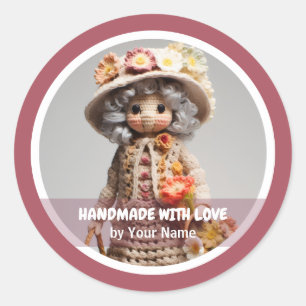 Sticker Rond Fait à la main avec amour Crochet dame rose
