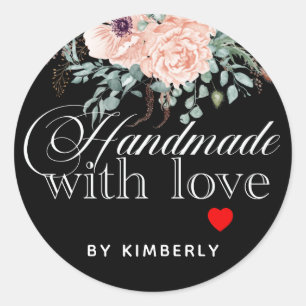 Sticker Rond Fait à la main avec amour Floral Black