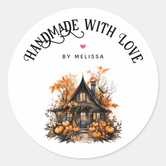 Sticker Rond Fait à la main avec amour Haunted Maison Halloween (Devant)