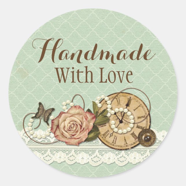 Sticker Rond Fait À La Main Avec Amour Shabby Chic Bijoux Rusti (Devant)