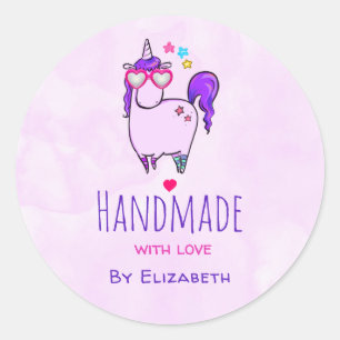 Sticker Rond Fait à la main avec l'amour Cute Unicorn dans les
