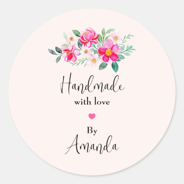 Sticker Rond Fait à la main avec Love Pink Flower Bouquet (Devant)