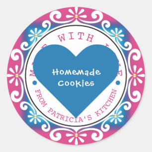 Sticker Rond Fait Avec Amour De La Cuisine De Bleu Rose